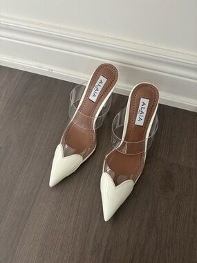 Alaia Cream Pointed PVC Strap Mules